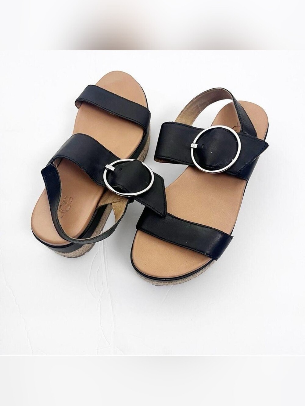 UGG Black Leather Buckle Espadrille Sandals